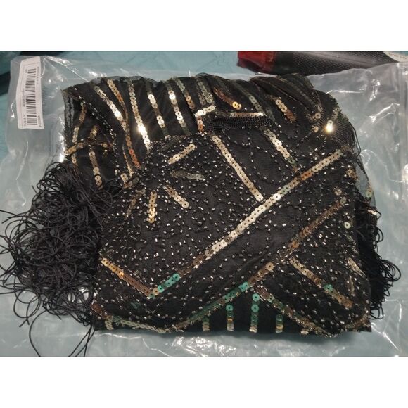 Sequined Fringe Hem Flapper Vintage Sleeveless Tank Dress BLACK & GOLD US14 - Picture 2 of 4